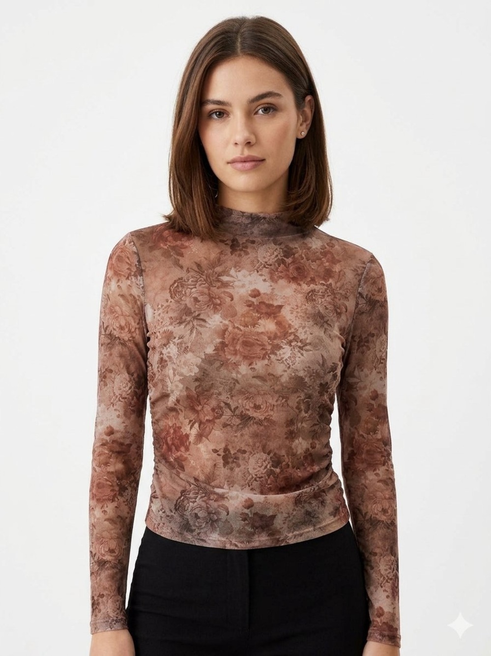 Madden Girl Brown Floral Side Ruched Funnel Neck Mesh Long Sleeve Top whimsy